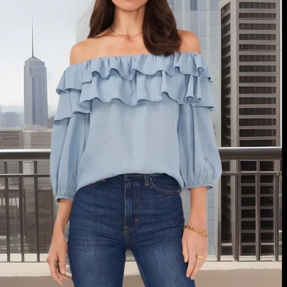 Sam and Jess Double Ruffle Off The Shoulder Blouse Light Blue Chambray Size XSP - Picture 1 of 13